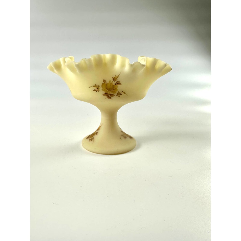 Vintage Signed Fenton Custard Glass Ruffled Crimped Compote Bowl Chocolate Roses - Picture 6 of 11
